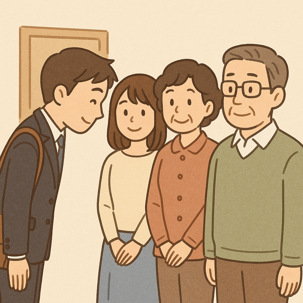 ご両親にあいさつをする青年