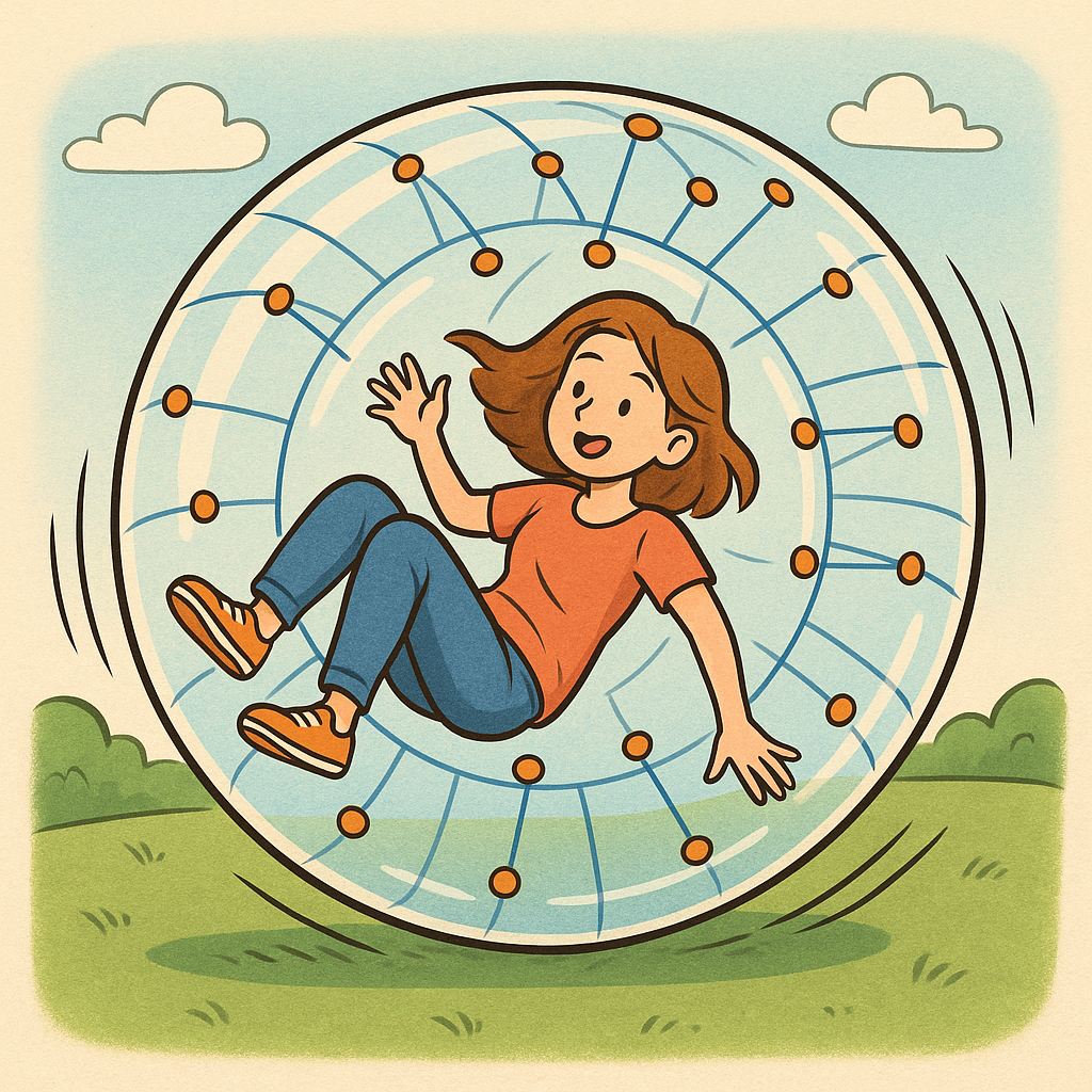 ゾーブの中に入って地面を転がっている女性のイラスト